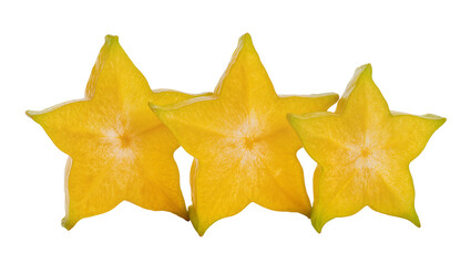Fototapeta premium Isolated three vibrant ripe yellow starfruit slices showing their beautiful star shape cut