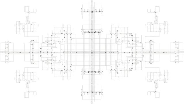 Abstract digital network structure with a complex, symmetrical pattern on white, illustrating interconnected data pathways and conceptual technology