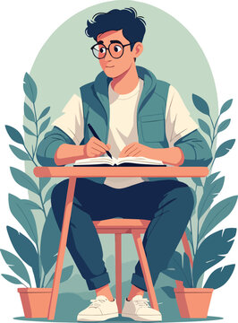 Illustrazione vettoriale di uno studente seduto o in piedi mentre studia e prende appunti. Concetto di apprendimento, concentrazione, educazione e studio, ideale per scuola, universit&agrave; e formazione.