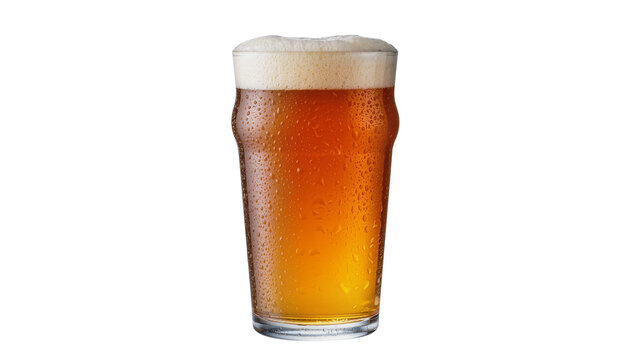 Isolated pint glass of cold amber ale with a thick foamy head and refreshing condensation