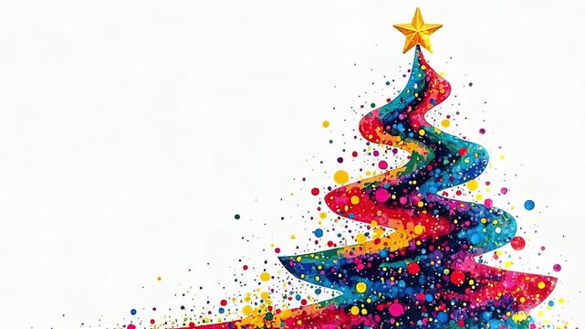 Vibrant watercolor christmas tree made of rainbow paint splashes with golden star on white background and wide left copy space, right aligned modern illustration, festive holiday atmosphere