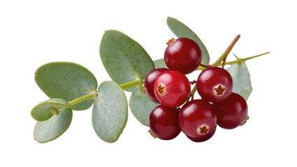 Isolated fresh ripe cranberries and vibrant green eucalyptus leaves on a natural botanical branch © Trym