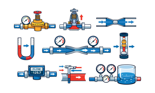 Various devices and industrial instruments illustrating principles of fluid dynamics, flow measurement, and control in pipe systems