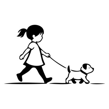Dibujo sencillo con l&iacute;neas de una ni&ntilde;a de pie, con ropa informal, andando con un cachorro de perro con correa 