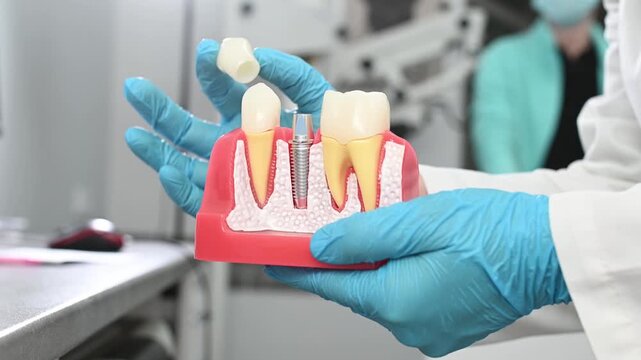 A dentist wearing sterile gloves holds an anatomical model with dental implants. The doctor holds a dental implant in his hands and demonstrates how a titanium abutment is installed in the jaw.
