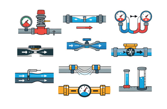 Various flow meters, hydraulic instruments, and water level measurement tools showing principles of fluid mechanics, pressure, and flow