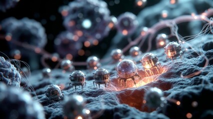 Obraz premium Futuristic Nanobots Repairing Human Cell Surface with Glowing Energy