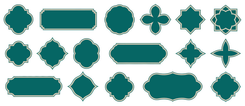 Ramadan frame shapes, Islamic ornamental borders, arch logo elements, simple retro Muslim vector labels, Arabian pattern decorations, green and gold motifs