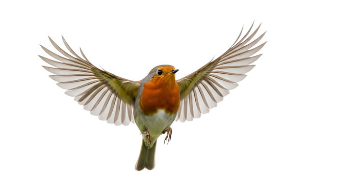 A vibrant red robin in mid-flight against a stark black background