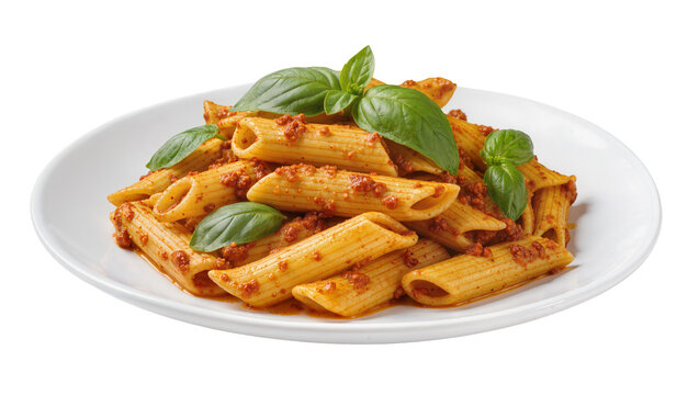 Isolated delicious penne pasta with rich bolognese sauce and fresh basil leaves on a plate