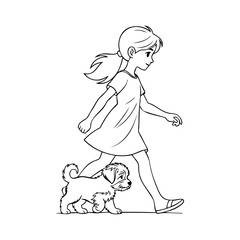 Dibujo sencillo con líneas de una niña feliz de pie, con ropa informal, andando con un cachorro de perro © teracreonte