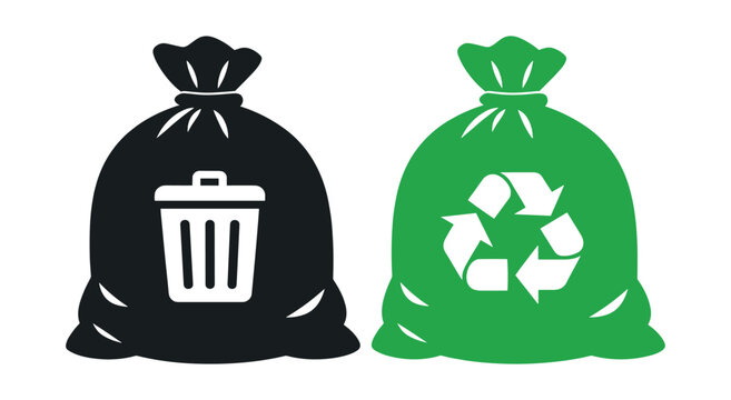 Garbage bags icon set distinguishing between general waste and recyclable materials, highlighting eco-friendly practices
