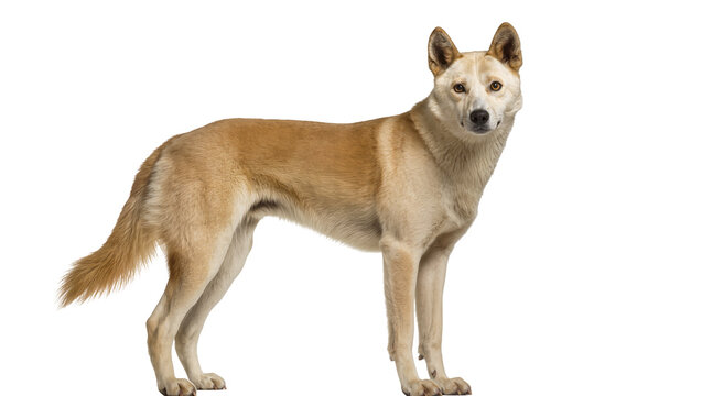 Isolated dingo standing full body looking at camera, an alert and intelligent domestic dog