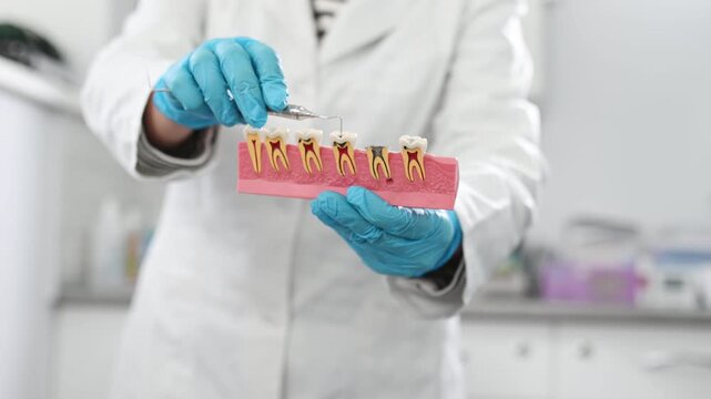 Stages of dental caries and pulpitis development on an anatomical model of a human tooth, educational material for dentists. Doctor holds in hands teeth