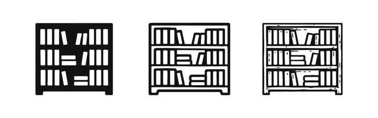 Bookshelf with Books Icon Set for Library and Education in Glyph, Outline, and Hand-Drawn Styles © drawing lines