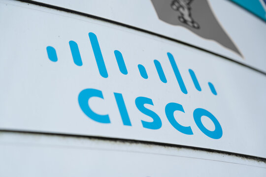 Dusseldorf, Germany - September 6 2025: Cisco company logo sign mounted on office building exterior wall