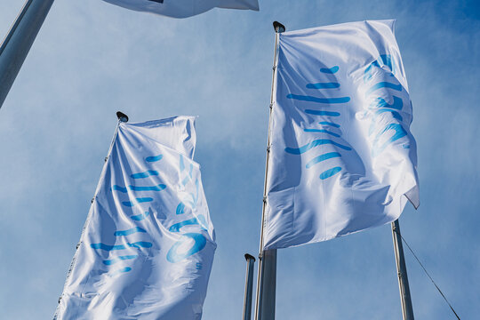 Dusseldorf, Germany - September 6 2025: Cisco technology conglomerate corporation logo on a flags outside the company office in Dusseldorf
