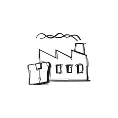 Naklejka premium Factory Building with Cardboard Box Hand Drawn Doodle Vector