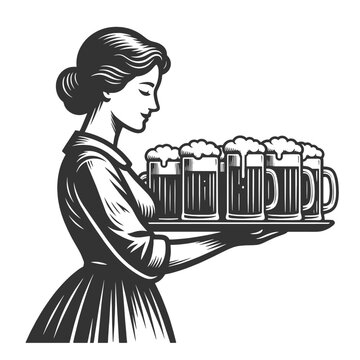 waitress carrying a tray of beer mugs, hospitality, service industry, and pub culture sketch engraving generative ai fictional character vector illustration. Scratch board imitation. Black and white.