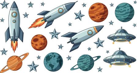 Space Exploration Set with Rockets, Planets, UFOs, and Stars for Sci-Fi, Galaxy, and Space Adventure Designs © MdMojnu