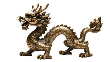 Fototapeta premium Isolated ornate bronze Chinese dragon statue representing power and prosperity, detailed mythical creature