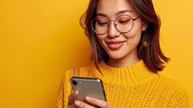 Smiling young woman in glasses holding a generic smartphone on a yellow
