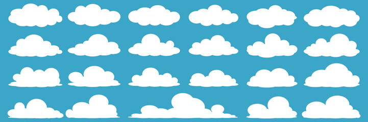 set of vector illustrations of clumpy clouds, cloud bubbles in flat style on a blue background	
