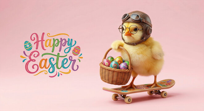 A small, funny chick in a funny aviator hat and glasses rides a skateboard while holding a basket of Easter eggs. Easter background with the words Happy Easter