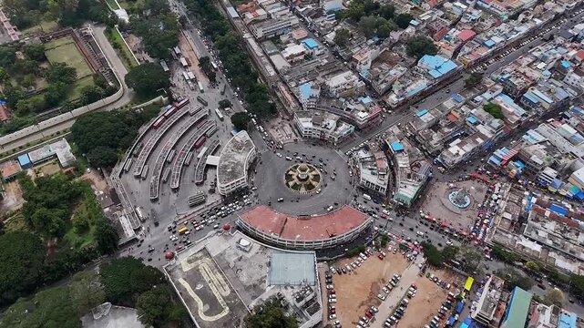 Drone eagle eye view of Krishnaraja Wadiyar IV Circle or kr circle with regular traffic,Mysore city