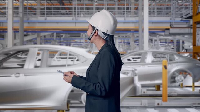 Side View of Asian Businesswoman Use Smartphone While Walking and Looking Around In Automated Modern Car Manufacturing Assembly Line