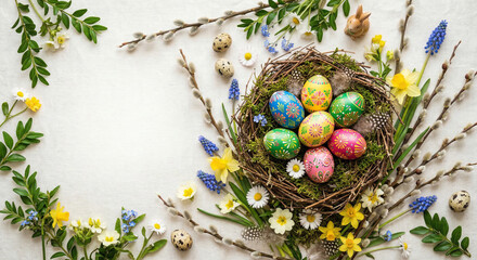 Obraz premium Tło wielkanocne z pisankami w gnieździe i wiosennymi kwiatami