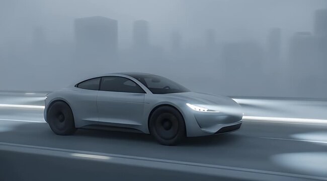 Futuristic silver sports car on a multi-lane road, city buildings obscured by heavy fog
