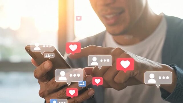 Smiling man interacts with a generic smartphone displaying various social media