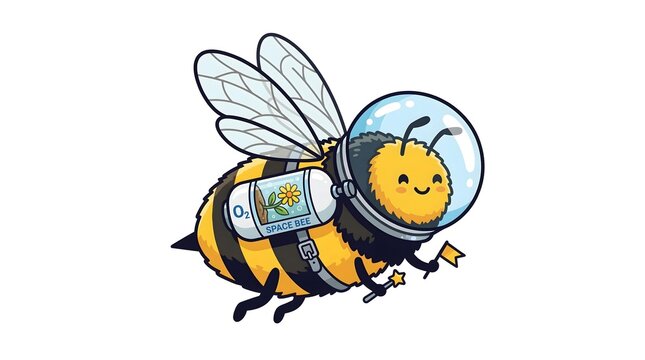 Cute Bee Wearing Astronaut Helmet with Flower and Oxygen Tank Biodiversity Conservation Concept Isolated on White Background.