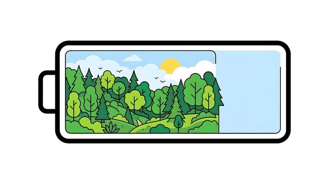 Smartphone Battery Icon Filled with Growing Green Forest Landscape Renewable Power Concept Isolated on White Background.