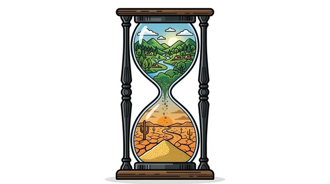 Hourglass with Green Earth Turning into Desert Climate Change and Urgent Action Concept Isolated on White Background.