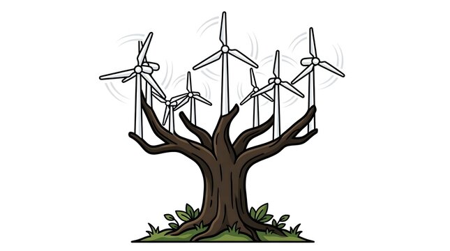 Large Tree with Wind Turbines Branches for Sustainable Energy and Future Technology Isolated on White Background.