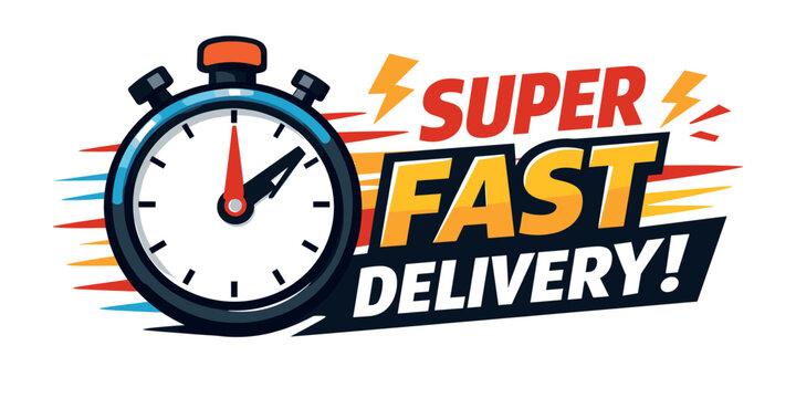 Stopwatch icon with speed lines and a Super Fast Delivery banner, symbolizing quick, express, and efficient shipping