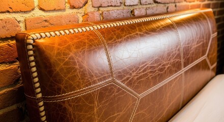 Fototapeta premium Close up of a hand stitched distressed brown leather headboard with visible seams against a brick wall backdrop