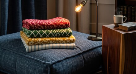 Fototapeta premium Soft stacked textiles on a plush ottoman with warm ambient lighting creating a cozy reading nook.