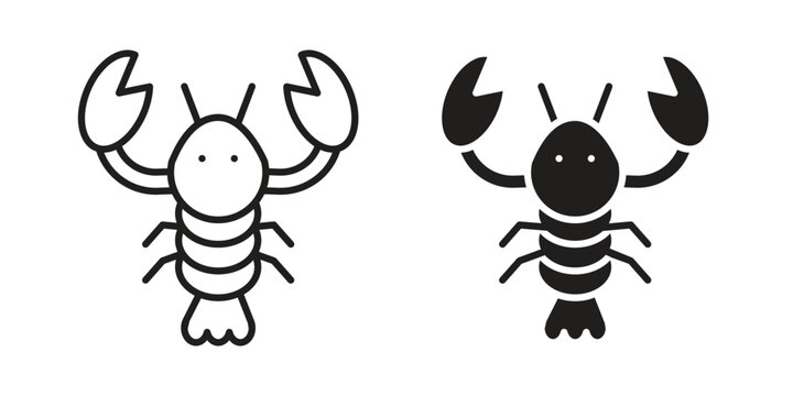 Lobster icon set. outlined and solid flat clipart versions.