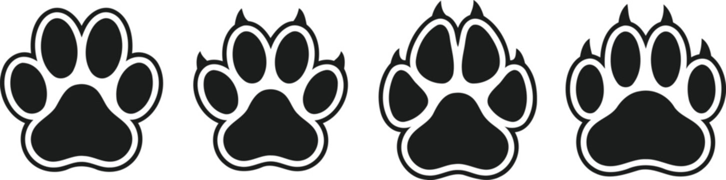 A horizontal sequence of four distinct black animal paw print icons with stylized claw markings