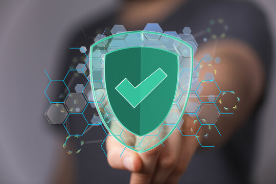 Abstract image representing digital security, protection, and verification. Check mark and shield symbolizing online saf
