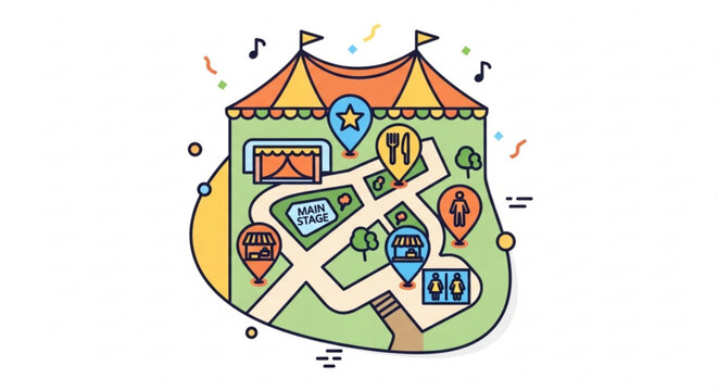 Colorful amusement park map with rides and attractions funfair or carnival layout with tent paths and music notes on white background