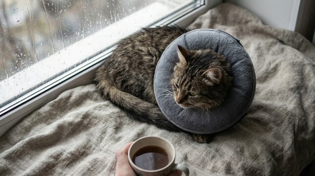 Tabby cat resting comfortably while wearing a soft Elizabethan collar during recovery.