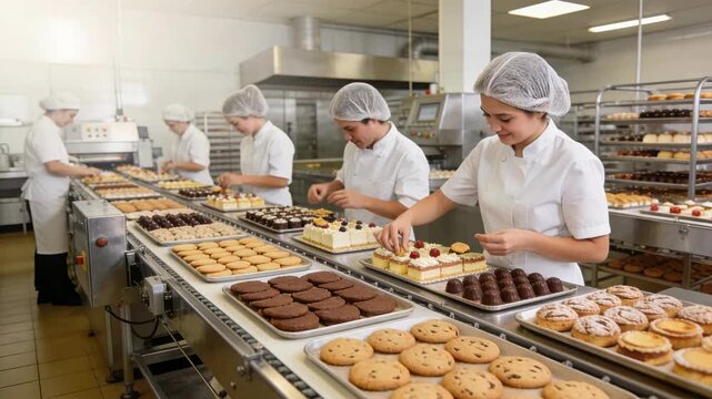 Workers arranging pastries and cookies on production line in modern bakery factory, showing food manufacturing, teamwork, quality control, industrial baking, and commercial dessert production.