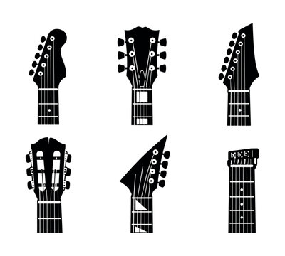Six different guitar headstock and neck silhouettes depicting various musical genres and instrument types