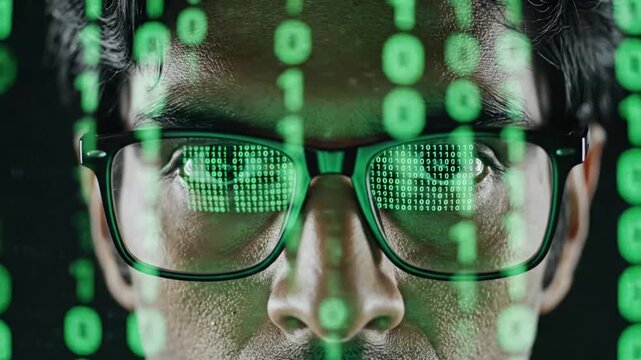 Hacker with Glasses Analyzing Binary Code Data