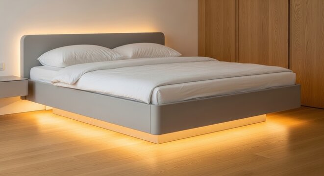 Modern king size floating bed with integrated warm LED lighting for contemporary bedroom comfort