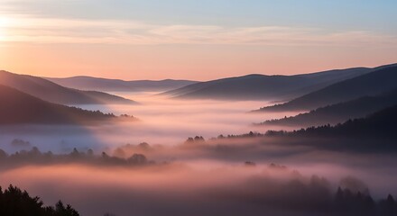 Fototapeta premium Mystical Morning - Fog-Kissed Valley at Sunrise.